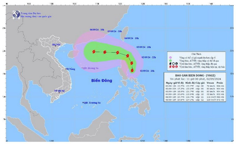 Vị trí và hướng đi của bão. (Nguồn: Trung tâm Dự báo Khí tượng Thủy văn Quốc gia) Vị trí và hướng đi của bão. (Nguồn: Trung tâm Dự báo Khí tượng Thủy văn Quốc gia)