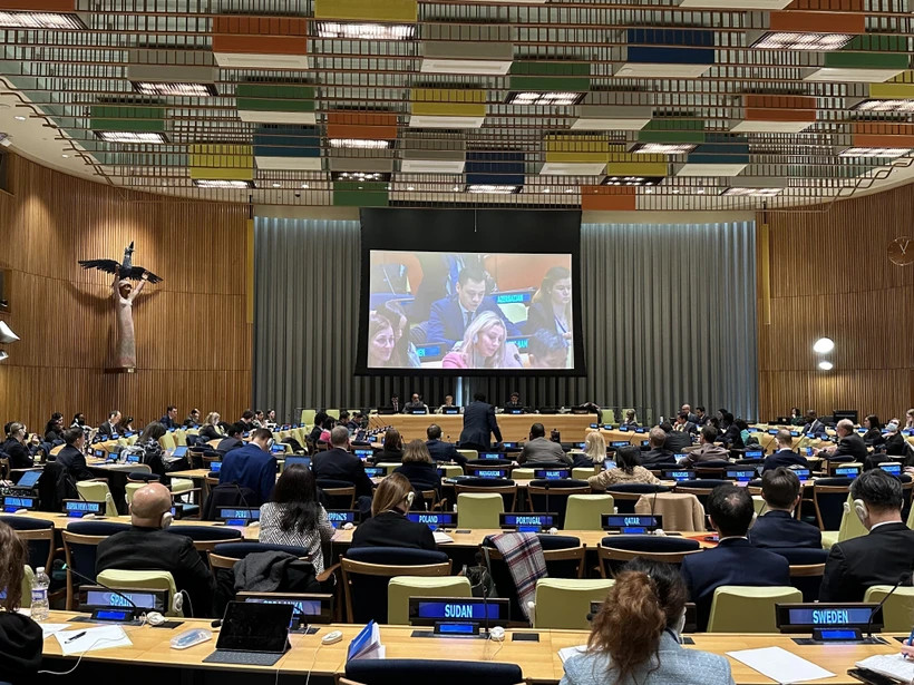 Đại sứ Đặng Hoàng Giang phát biểu tại một phiên thảo luận tại Trụ sở Liên hợp quốc. (Ảnh: TTXVN phát) Đại sứ Đặng Hoàng Giang phát biểu tại một phiên thảo luận tại Trụ sở Liên hợp quốc. (Ảnh: TTXVN phát)