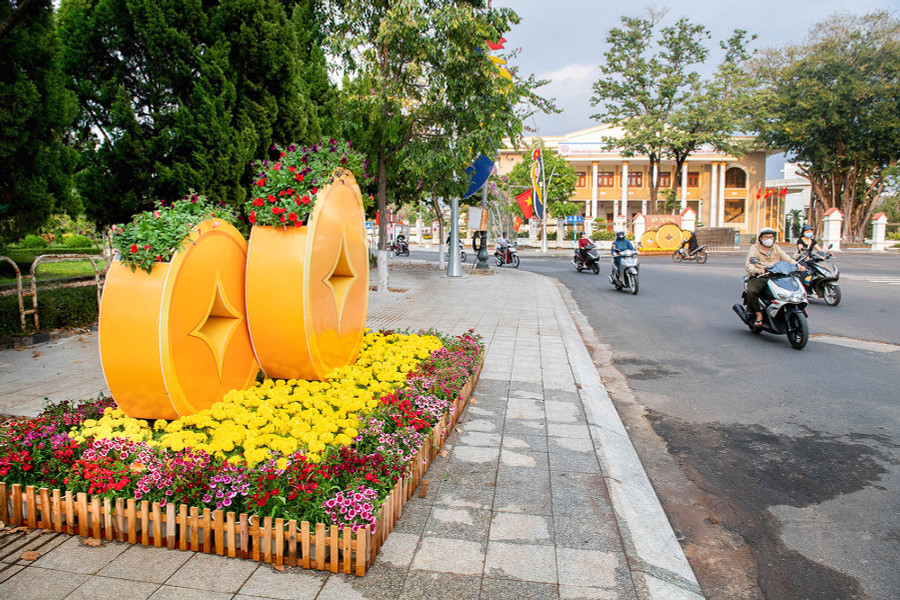 Các cụm hoa cúc, dạ yến thảo, cẩm chướng trang trí tại vỉa hè đường Trần Phú, Bà Triệu.