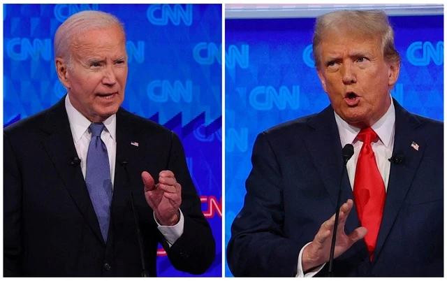 Tổng thống Joe Biden (trái) và người tiền nhiệm Donald Trump tranh luận ngày 28.6. Ảnh: REUTERS Tổng thống Joe Biden (trái) và người tiền nhiệm Donald Trump tranh luận ngày 28.6. Ảnh: REUTERS