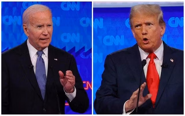 Tổng thống Joe Biden (trái) và người tiền nhiệm Donald Trump tranh luận ngày 28.6. Ảnh: REUTERS