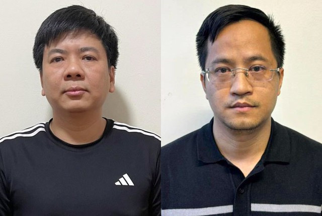 Hai bị can Nguyễn Ngọc Thủy (trái) và Đặng Văn Hiển tại cơ quan điều tra. Ảnh: BỘ CÔNG AN