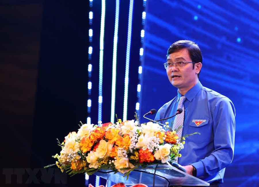 Ông Bùi Quang Huy, Ủy viên dự khuyết Trung ương Đảng, Bí thư Thứ nhất Ban Chấp hành Trung ương Đoàn, phát biểu tại buổi lễ. (Ảnh: Hoàng Ngà/TTXVN)