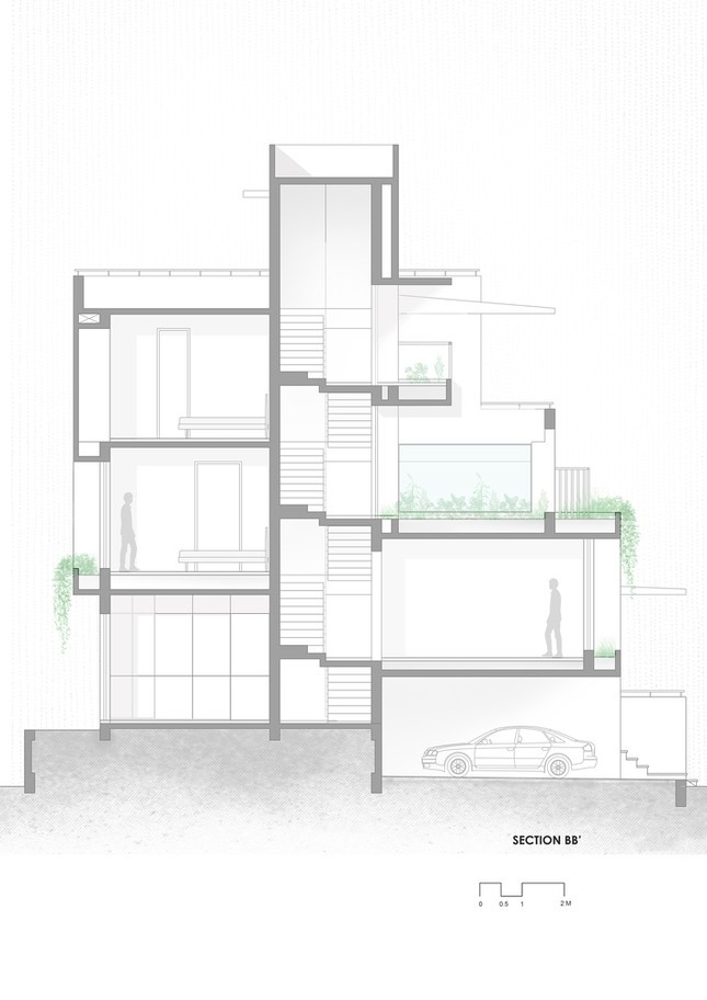 Thiết kế lệch tầng kéo lùi dần vào trong khi lên cao tạo khoảng hở lấy sáng và không gian cho cây xanh.