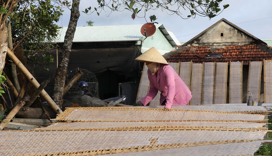 Bánh sau khi được tráng bằng máy sẽ đem phơi nắng, giúp bánh thơm ngon. Ảnh: Ngọc Minh Bánh sau khi được tráng bằng máy sẽ đem phơi nắng, giúp bánh thơm ngon. Ảnh: Ngọc Minh