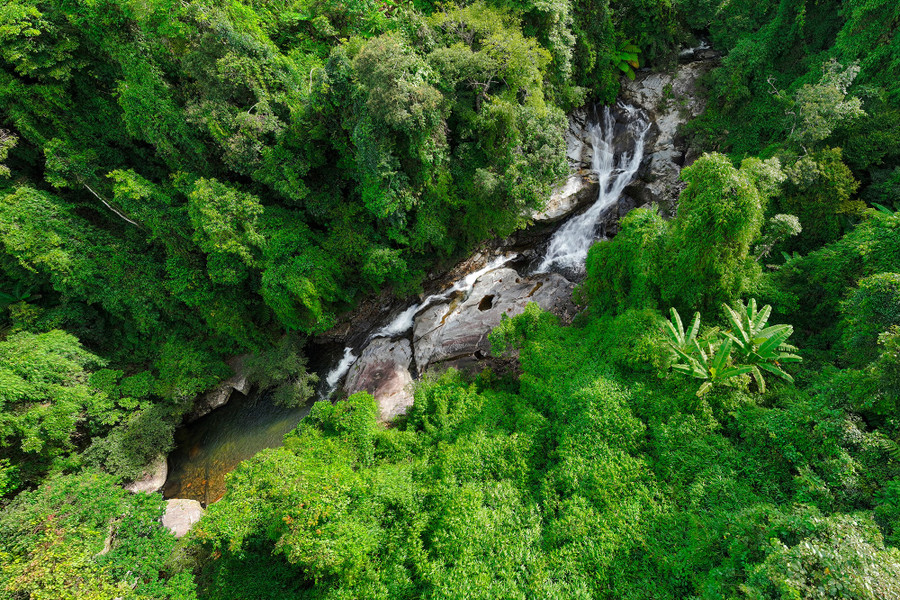 Tầng trên cùng là một thác nước nhỏ giữa bốn bề cây rừng xanh biếc Tầng trên cùng là một thác nước nhỏ giữa bốn bề cây rừng xanh biếc