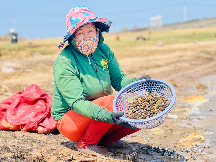 Từ sáng sớm, chị Trần Thị Liên (trú phường Trần Hưng Đạo, TP.Kon Tum) đã cùng chồng kiếm một vũng nước cạn gần bờ để cào hến. Công việc chính của hai vợ chồng chị là thợ xây và thợ hồ. Đợt này hết việc nên tranh thủ đi đãi hến kiếm ít tiền học cho các con.