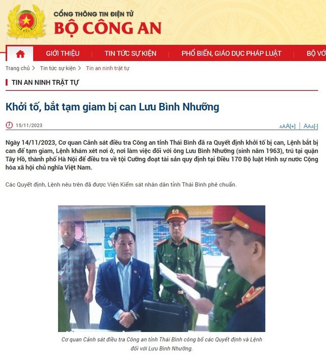 Bộ Công an thông tin việc khởi tố, bắt tạm giam bị can Lưu Bình Nhưỡng.