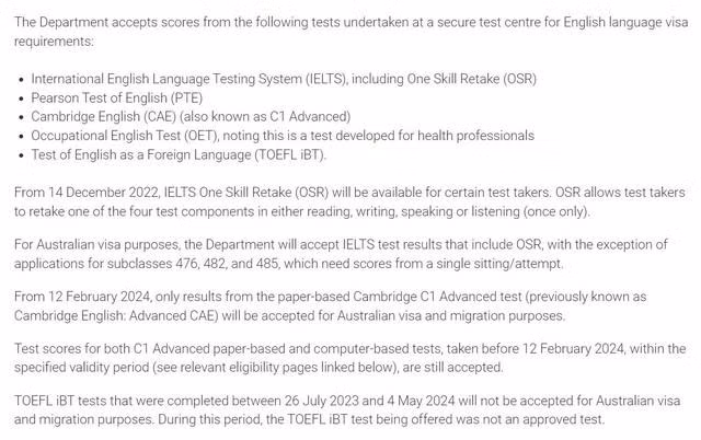 Thông báo mới của Bộ Nội vụ Úc về những chứng chỉ tiếng Anh được chấp nhận, cập nhật ngày 6.5. Ảnh: DHA