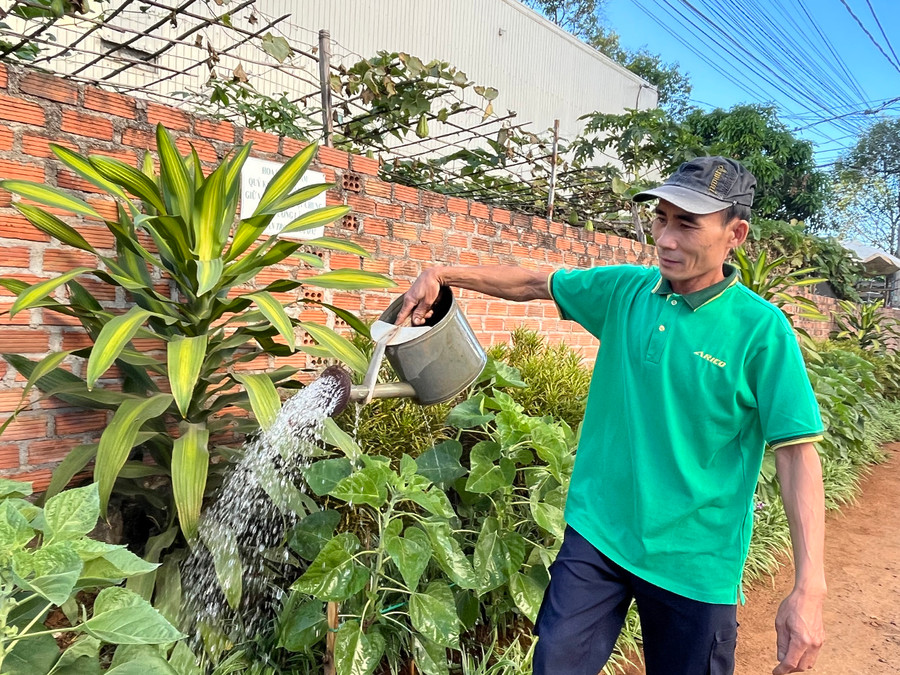 Mỗi ngày, ông Nguyễn Thế Khoa đều dành hơn 2 giờ để chăm sóc con đường hoa. Ảnh: Khôi Nguyên