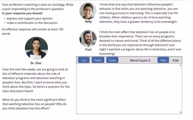 Một đề mẫu của bài thi TOEFL iBT mới có dạng văn bản thảo luận trực tuyến. CHỤP MÀN HÌNH