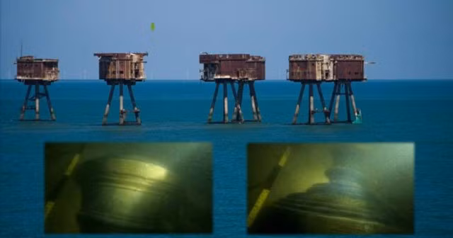 Khu vực khai quật "chiến hạm ma" và các bức ảnh cho thấy một khẩu pháo đồng lộ ra dưới đáy bùn - Ảnh: HISTORIC ENGLAND