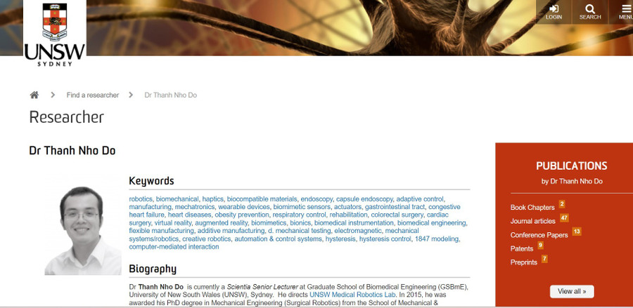 Tiểu sử Tiến sĩ Đỗ Thanh Nhỏ trên website research.unsw.edu.au. Ảnh chụp màn hình Tiểu sử Tiến sĩ Đỗ Thanh Nhỏ trên website research.unsw.edu.au. Ảnh chụp màn hình