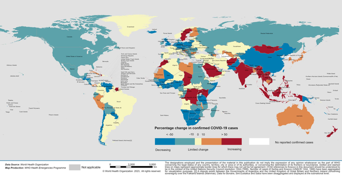 Màu cam và đỏ (tăng và tăng mạnh) tiếp tục bủa vây hầu hết các nước châu Á trên bản đồ thể hiện sự thay đổi về tỉ lệ số ca mắc trên dân số trong 28 ngày qua, so với chu kỳ 28 ngày trước - Ảnh: WHO