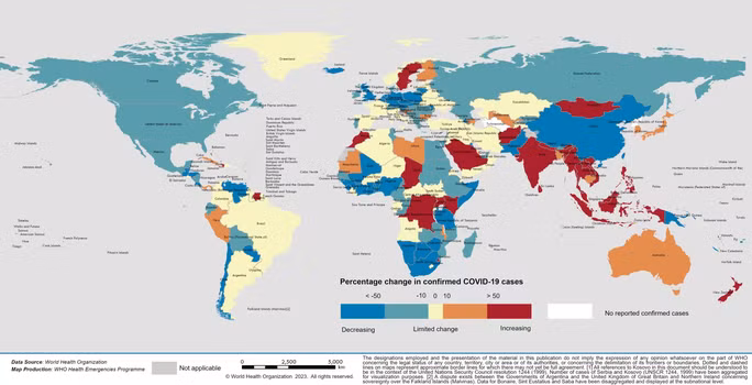 Màu cam và đỏ (tăng và tăng mạnh) tiếp tục bủa vây hầu hết các nước châu Á trên bản đồ thể hiện sự thay đổi về tỉ lệ số ca mắc trên dân số trong 28 ngày qua, so với chu kỳ 28 ngày trước - Ảnh: WHO