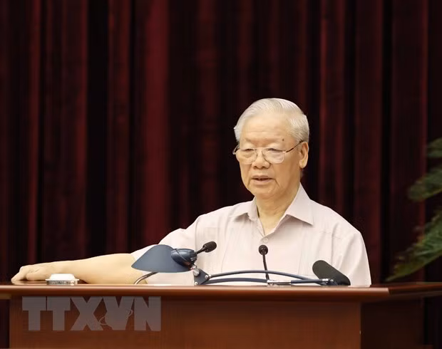 Tổng Bí thư Nguyễn Phú Trọng, Trưởng Ban Chỉ đạo Trung ương về phòng, chống tham nhũng, tiêu cực phát biểu chỉ đạo hội nghị. (Ảnh: Phương Hoa/TTXVN)