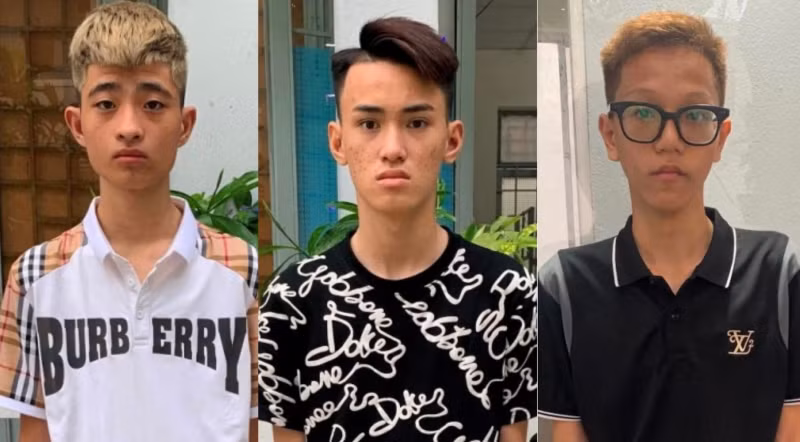 Các đối tượng Đạt, Huy, Tùng tại cơ quan Công an.