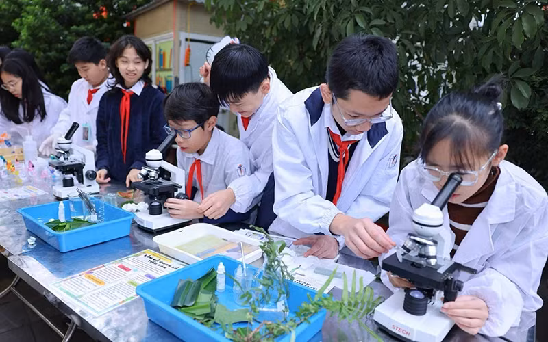 Học sinh Trường THCS Ngô Sĩ Liên (quận Hoàn Kiếm, Hà Nội) trong ngày hội STEM 2024.