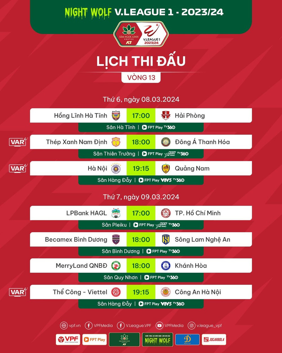 Lịch thi đấu vòng 13 V-League 2023/24. (Ảnh: VPF) Lịch thi đấu vòng 13 V-League 2023/24. (Ảnh: VPF)