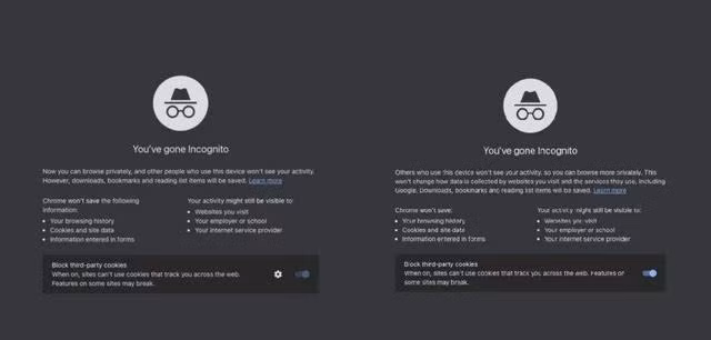 Thông báo trước và sau khi sửa đổi của chế độ ẩn danh trên Chrome