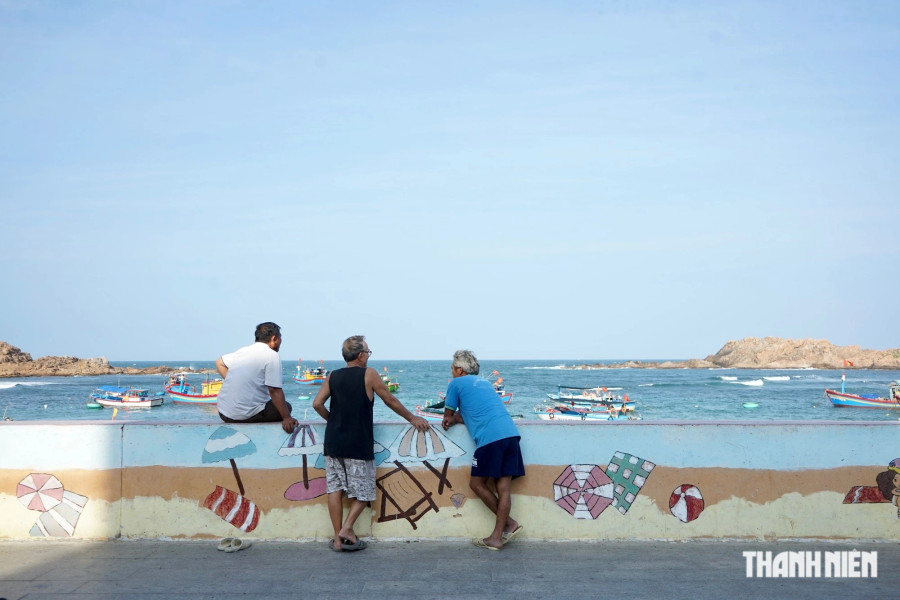 Đến Nhơn Hải mùa này, ngoài bãi đá rêu, du khách còn tận hưởng vẻ đẹp của thiên nhiên giữa biển xanh, cát trắng, nắng vàng, tận hưởng những giây phút thư giãn, hít thở không khí trong lành của một làng chài lâu đời. Ảnh: THANH QUÂN