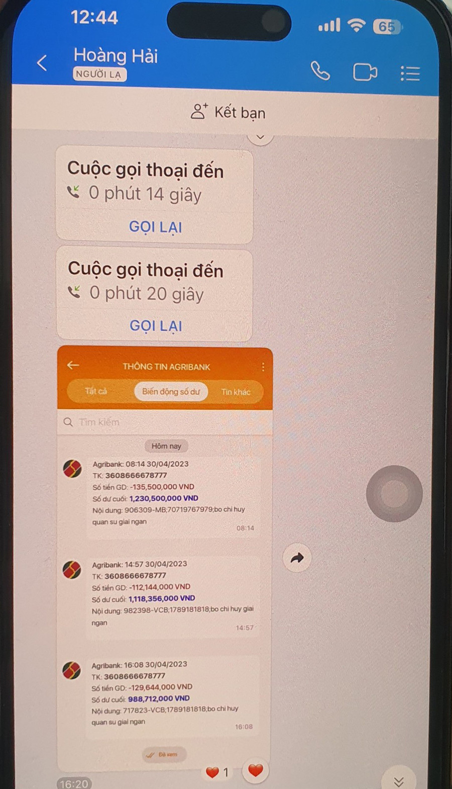 Tin nhắn giao dịch ảo đối tượng chuyển cho kế toán nhà hàng