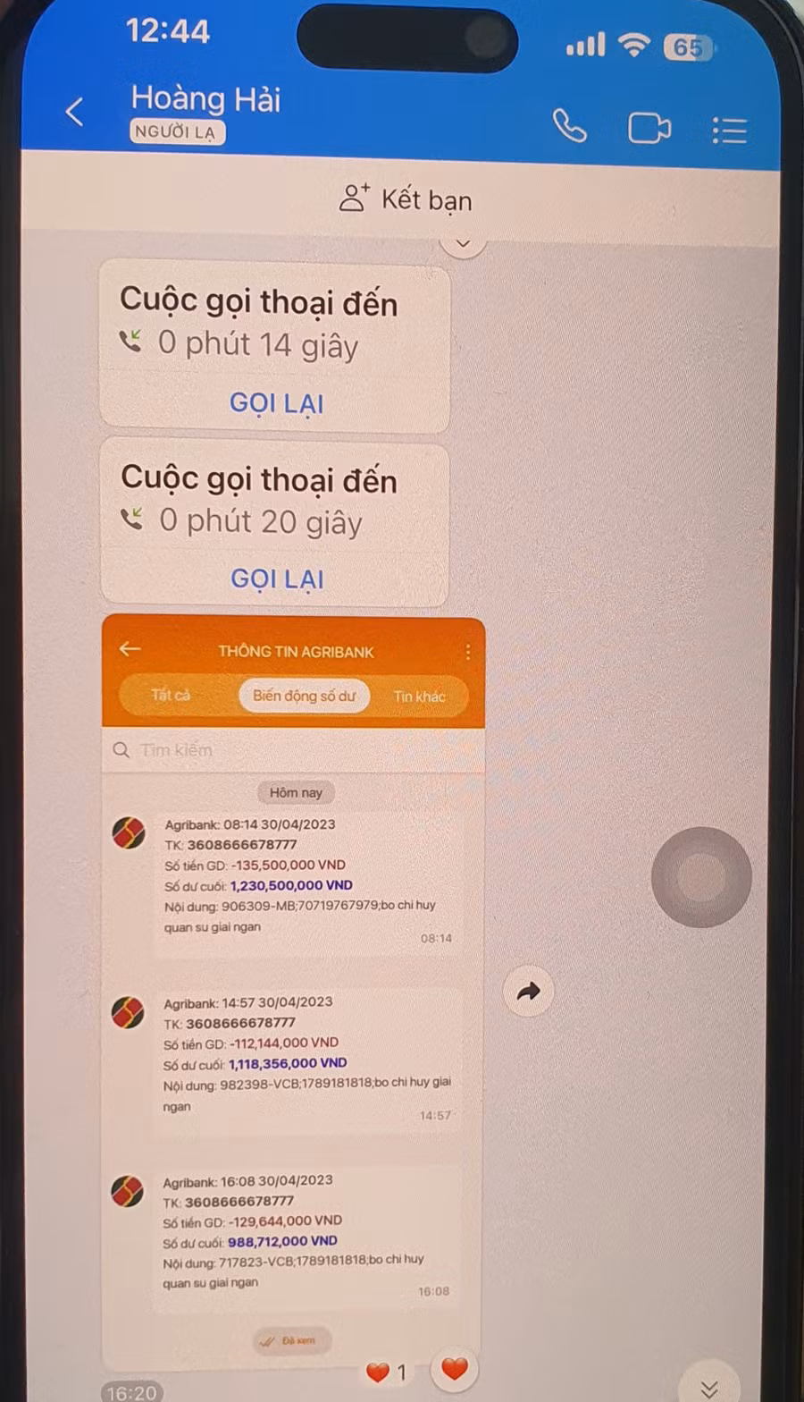 Tin nhắn giao dịch ảo đối tượng chuyển cho kế toán nhà hàng