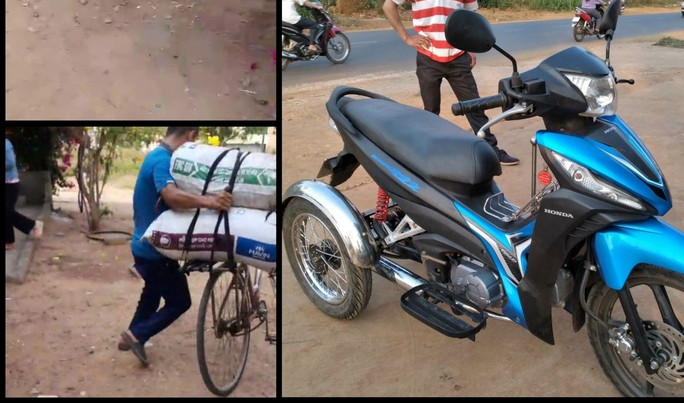 Ông bố trẻ bị khuyết tật ở chân hằng ngày chở những bao phân nặng 30 kg bằng xe đạp sẽ có chiếc xe máy thay thế. (Ảnh do nhân vật cung cấp) Ông bố trẻ bị khuyết tật ở chân hằng ngày chở những bao phân nặng 30 kg bằng xe đạp sẽ có chiếc xe máy thay thế. (Ảnh do nhân vật cung cấp)