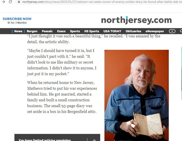 Hình ảnh người cựu binh Mỹ Peter Mathews trên báo NorthJersey. Ảnh CHỤP LẠI MÀN HÌNH Hình ảnh người cựu binh Mỹ Peter Mathews trên báo NorthJersey. Ảnh CHỤP LẠI MÀN HÌNH