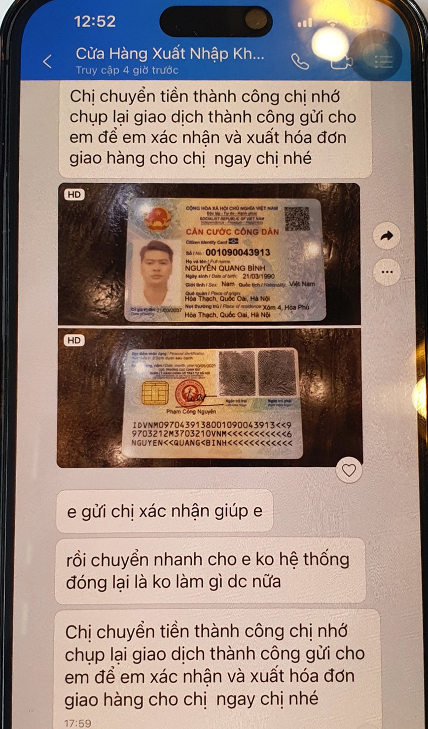 Đối tượng lừa đảo còn gửi cả căn cước công dân để tạo niềm tin và yêu cầu chuyển tiền