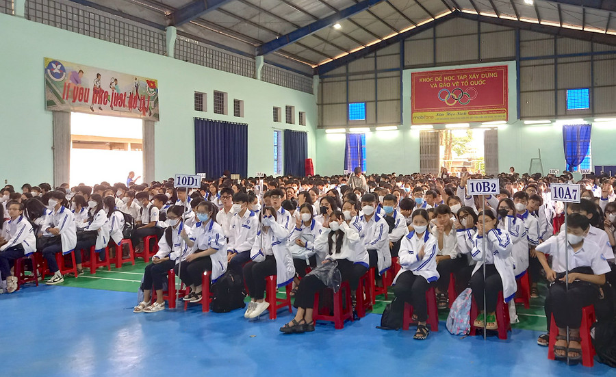 Hoạt động trải nghiệm với chủ đề “Kết bạn qua mạng xã hội-Những lợi ích và nguy cơ” của Trường THPT Pleiku thu hút đông đảo học sinh tham gia. Ảnh: Mộc Trà