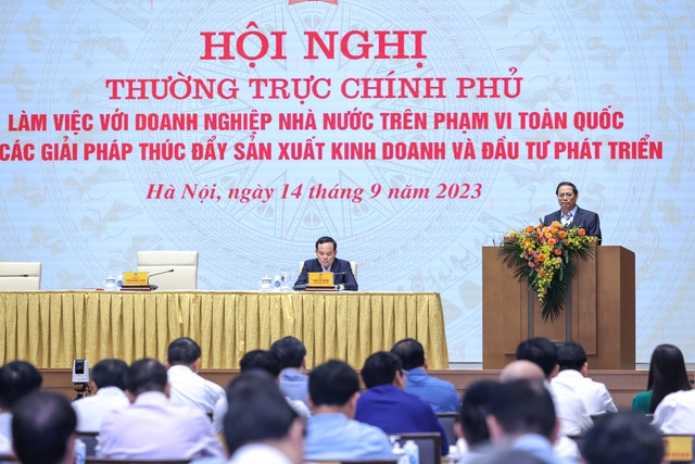 Thủ tướng Phạm Minh Chính chủ trì Hội nghị của Thường trực Chính phủ làm việc với doanh nghiệp Nhà nước về các giải pháp thúc đẩy sản xuất kinh doanh và đầu tư phát triển. Ảnh: VGP/Nhật Bắc Thủ tướng Phạm Minh Chính chủ trì Hội nghị của Thường trực Chính phủ làm việc với doanh nghiệp Nhà nước về các giải pháp thúc đẩy sản xuất kinh doanh và đầu tư phát triển. Ảnh: VGP/Nhật Bắc