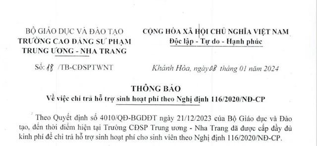 Trường CĐ Sư phạm Trung ương Nha Trang thông báo việc chi trả hỗ trợ sinh hoạt phí cho sinh viên sư phạm. ẢNH CHỤP MÀN HÌNH Trường CĐ Sư phạm Trung ương Nha Trang thông báo việc chi trả hỗ trợ sinh hoạt phí cho sinh viên sư phạm. ẢNH CHỤP MÀN HÌNH