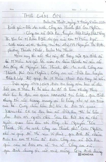 Thư cảm ơn của chị H’Riêu Byã gửi đến lực lượng công an Đắk Nông.
