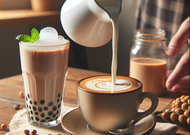 Dùng sữa đậu nành thay cho sữa tươi để pha cà phê và các thức uống chứa sữa khác có thể có lợi hơn cho sức khỏe - Minh họa AI: Anh Thư Dùng sữa đậu nành thay cho sữa tươi để pha cà phê và các thức uống chứa sữa khác có thể có lợi hơn cho sức khỏe - Minh họa AI: Anh Thư