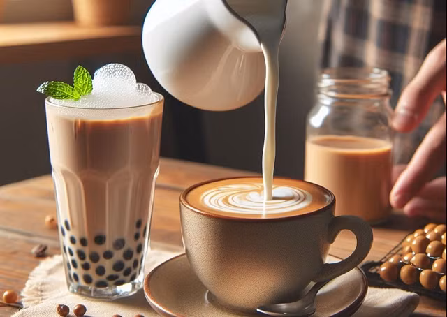 Dùng sữa đậu nành thay cho sữa tươi để pha cà phê và các thức uống chứa sữa khác có thể có lợi hơn cho sức khỏe - Minh họa AI: Anh Thư