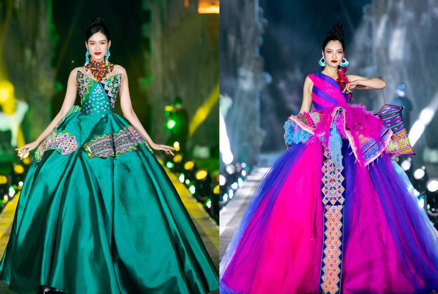 Đỗ Thị Hà và Nông Thúy Hằng khoe sắc trong bộ sưu tập Rời khỏi màn sương. Dù bận rộn với công việc nghệ thuật song hai người đẹp vẫn ưu tiên hoàn thành việc học. Ảnh: Team Kiếng Cận