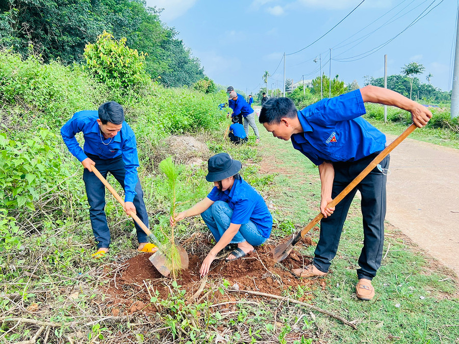 Đoàn viên, thanh niên xã Ia Ka (huyện Chư Păh) trồng cây xanh trên tuyến đường “Thắp sáng đường quê”. Ảnh: P.L