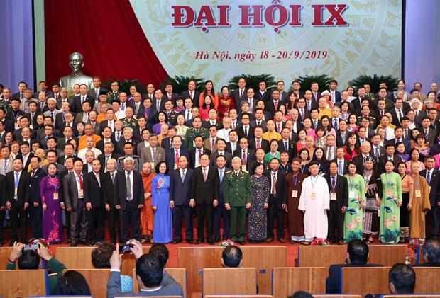 Đại hội Đại biểu Toàn quốc Mặt trận Tổ quốc Việt Nam lần thứ IX, nhiệm kỳ 2019-2024 từ ngày 18 đến ngày 20/9/2019 tại Thủ đô Hà Nội, với chủ đề Phát huy sức mạnh đại đoàn kết toàn dân tộc, nâng cao chất lượng, hiệu quả hoạt động của Mặt trận Tổ quốc Việt Nam, vì dân giàu, nước mạnh, dân chủ, công bằng, văn minh. (Nguồn: TTXVN) Đại hội Đại biểu Toàn quốc Mặt trận Tổ quốc Việt Nam lần thứ IX, nhiệm kỳ 2019-2024 từ ngày 18 đến ngày 20/9/2019 tại Thủ đô Hà Nội, với chủ đề Phát huy sức mạnh đại đoàn kết toàn dân tộc, nâng cao chất lượng, hiệu quả hoạt động của Mặt trận Tổ quốc Việt Nam, vì dân giàu, nước mạnh, dân chủ, công bằng, văn minh. (Nguồn: TTXVN)