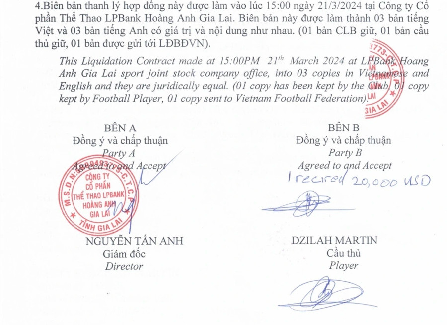 Một phần giấy thanh lý có chữ ký của Martin. ẢNH: CLB HAGL