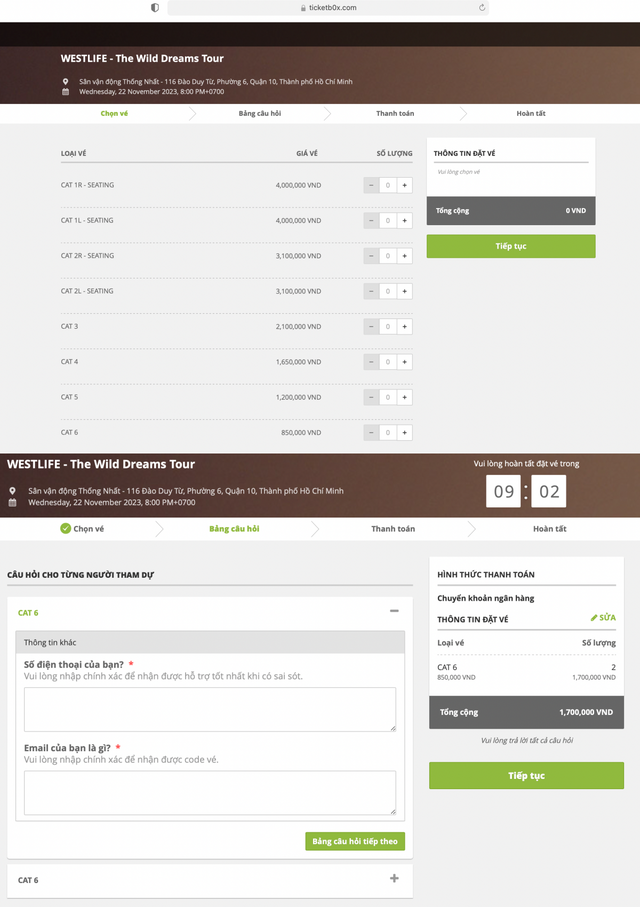 Các bước chọn vé trên website bán vé giả. CHỤP MÀN HÌNH