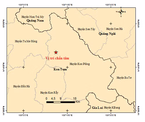Vị trí tâm chấn trận động đất 3.7 độ ở Kon Tum trưa nay.