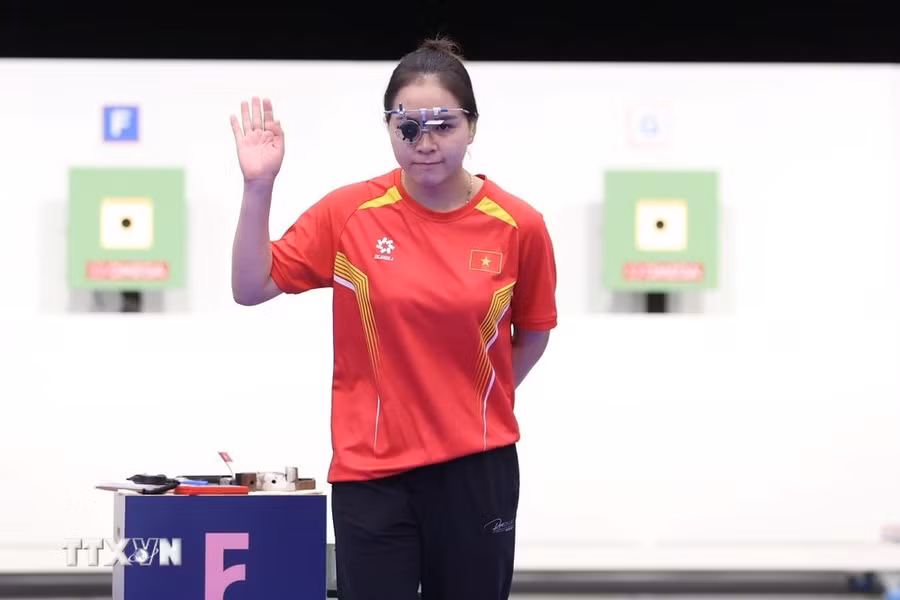 Xạ thủ Trịnh Thu Vinh. (Ảnh: Hoàng Linh/TTXVN)