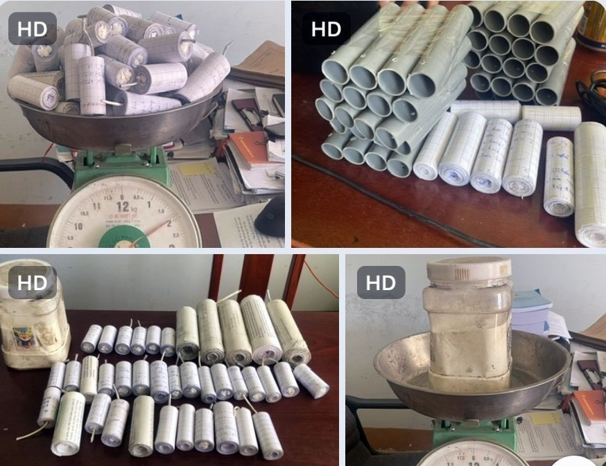 Một số loại pháo tự chế, thuốc pháo mà lực lượng công an phát hiện, thu giữ. (Ảnh: TTXVN phát)