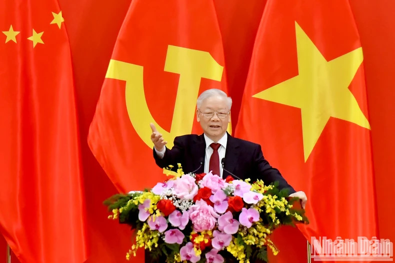 Tổng Bí thư Nguyễn Phú Trọng phát biểu tại buổi gặp gỡ nhân sĩ hữu nghị và thế hệ trẻ Việt Nam-Trung Quốc. (Ảnh: Đăng Khoa)