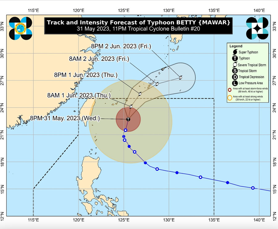 Dự báo đường đi của bão Mawar (Betty) từ 8 giờ tối 31.5 đến 8 giờ tối 2.6.2023. Ảnh: PASAGA Dự báo đường đi của bão Mawar (Betty) từ 8 giờ tối 31.5 đến 8 giờ tối 2.6.2023. Ảnh: PASAGA