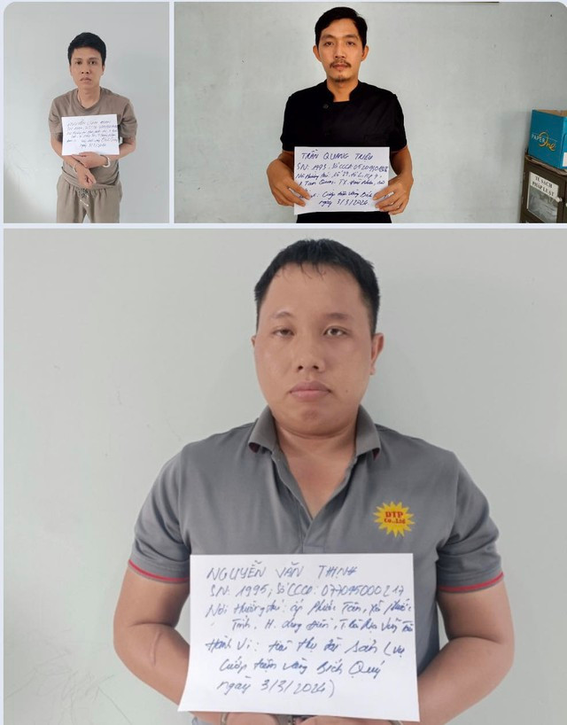 Nguyễn Linh Đoan (ảnh trên, bên trái), Trần Quang Triệu và Nguyễn Văn Thịnh (ảnh dưới) tại cơ quan điều tra. Ảnh: Công an cung cấp