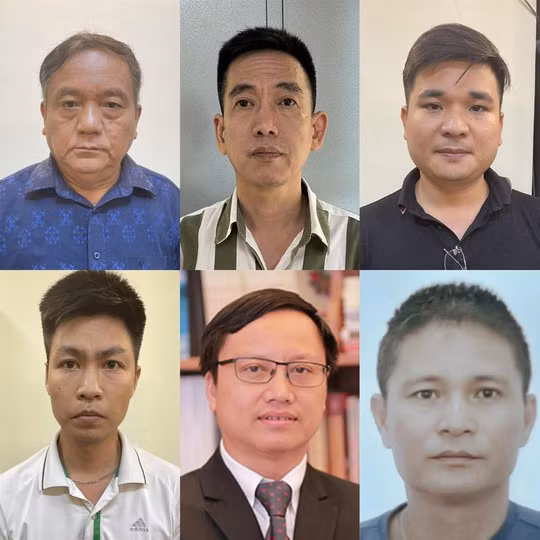 Các bị can Tuynh, An, Huân, Toản, Linh, Minh, Sơn (từ trái sang phải, từ trên xuống dưới). Ảnh: Bộ Công an