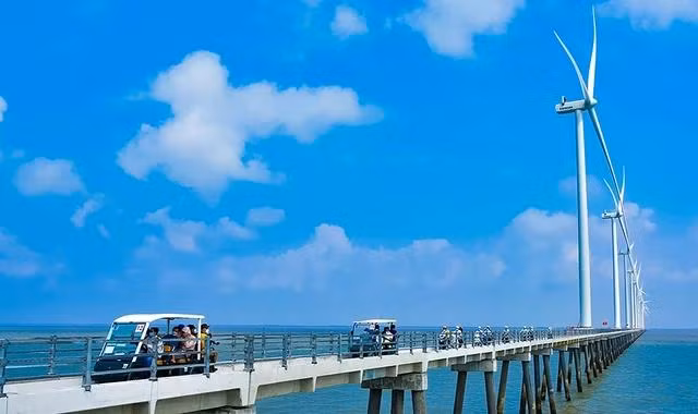 Du khách tham quan Dự án nhà máy điện gió H.Hòa Bình 1, Bạc Liêu. ẢNH: PHAN THANH CƯỜNG