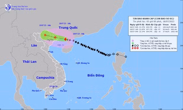 Vị trí và đường đi của cơn bão số 1. (Nguồn: Trung tâm Dự báo Khí tượng Thủy văn Quốc gia) Vị trí và đường đi của cơn bão số 1. (Nguồn: Trung tâm Dự báo Khí tượng Thủy văn Quốc gia)
